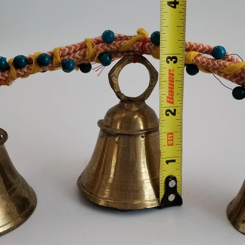 Vintage India Brass Bells on Rope String of 3 Beaded Door Hanger Boho Chime Vtg